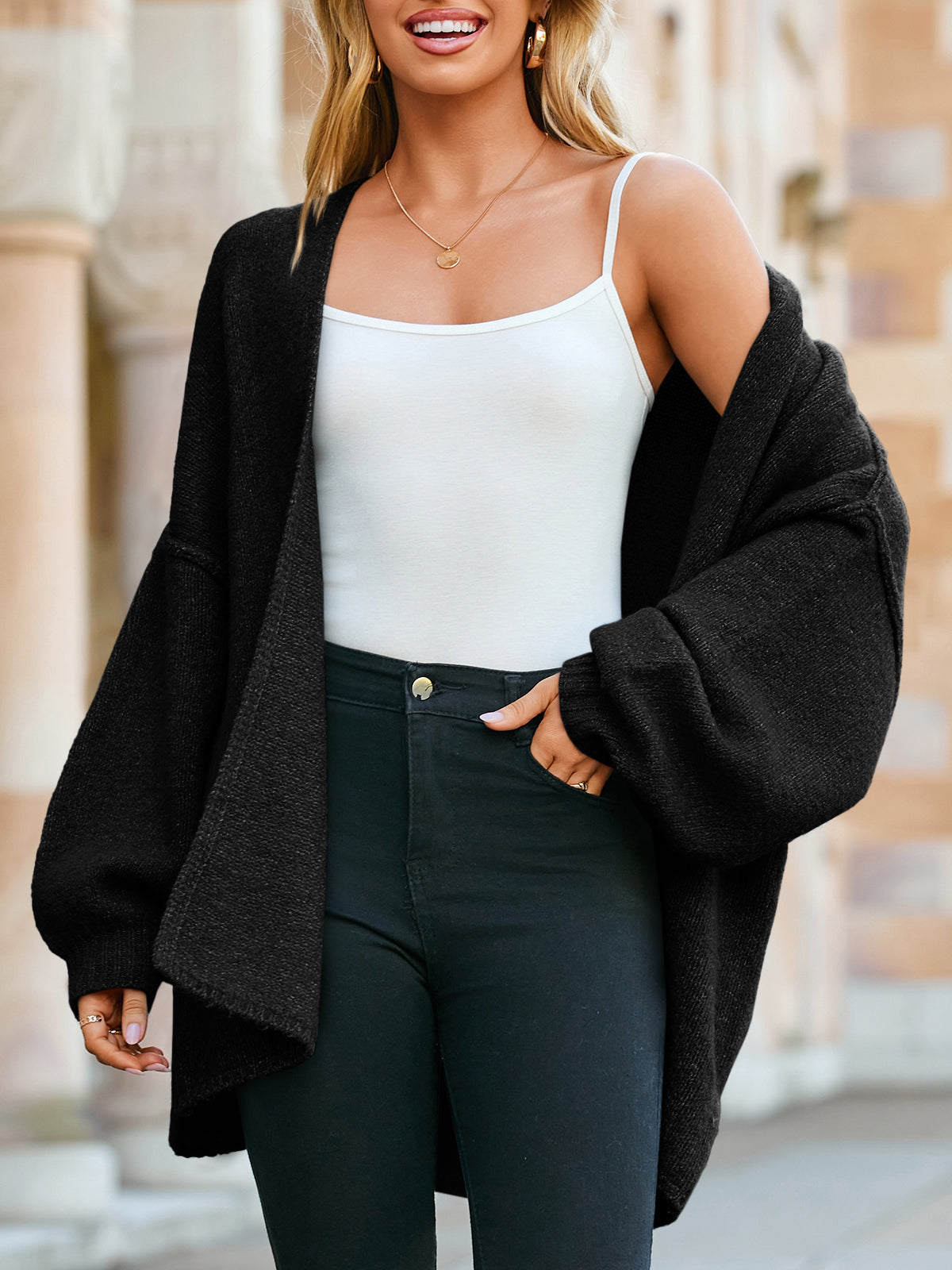 Usvara Womens Oversized Lantern Sleeve Chunky Knit Open-Front Cardigan Sweater