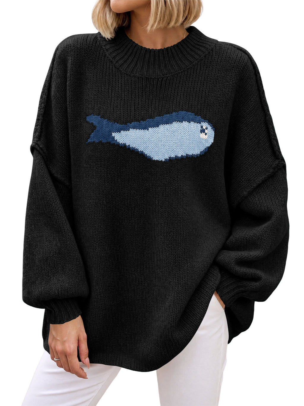 usvara Womens Fish Graphic Oversized Sweater
