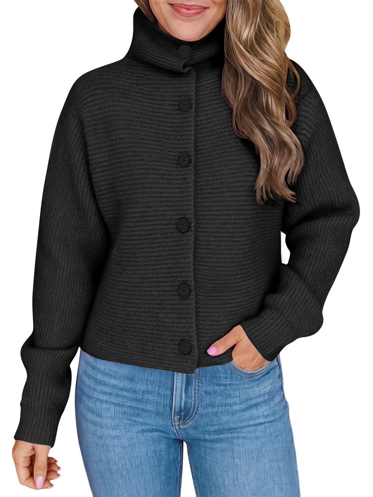 usvara Womens Mock Neck Button Cardigan