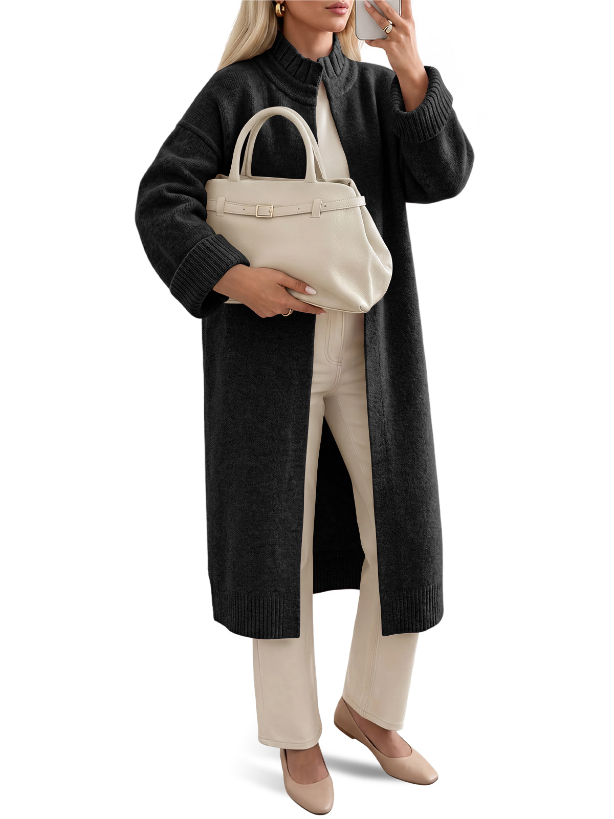 usvara Womens Ruffle Mock Neck Long Cardigan