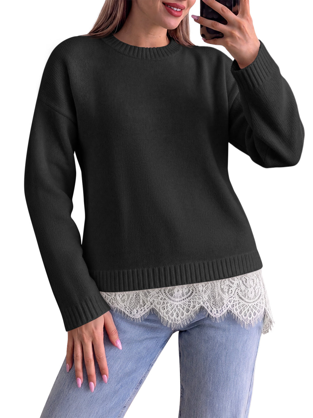 usvara Womens Lace Patchwork Knit Sweater