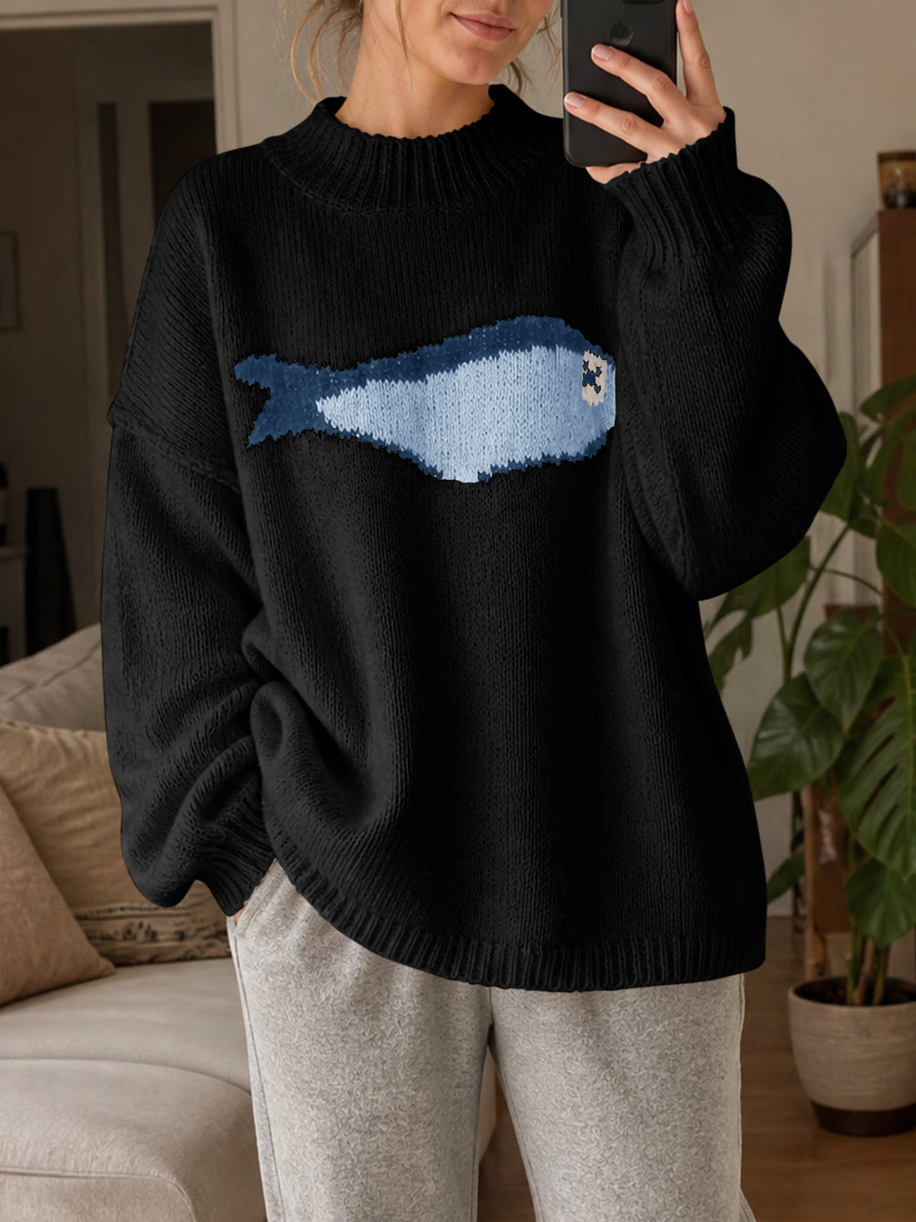 usvara Womens Fish Graphic Oversized Sweater
