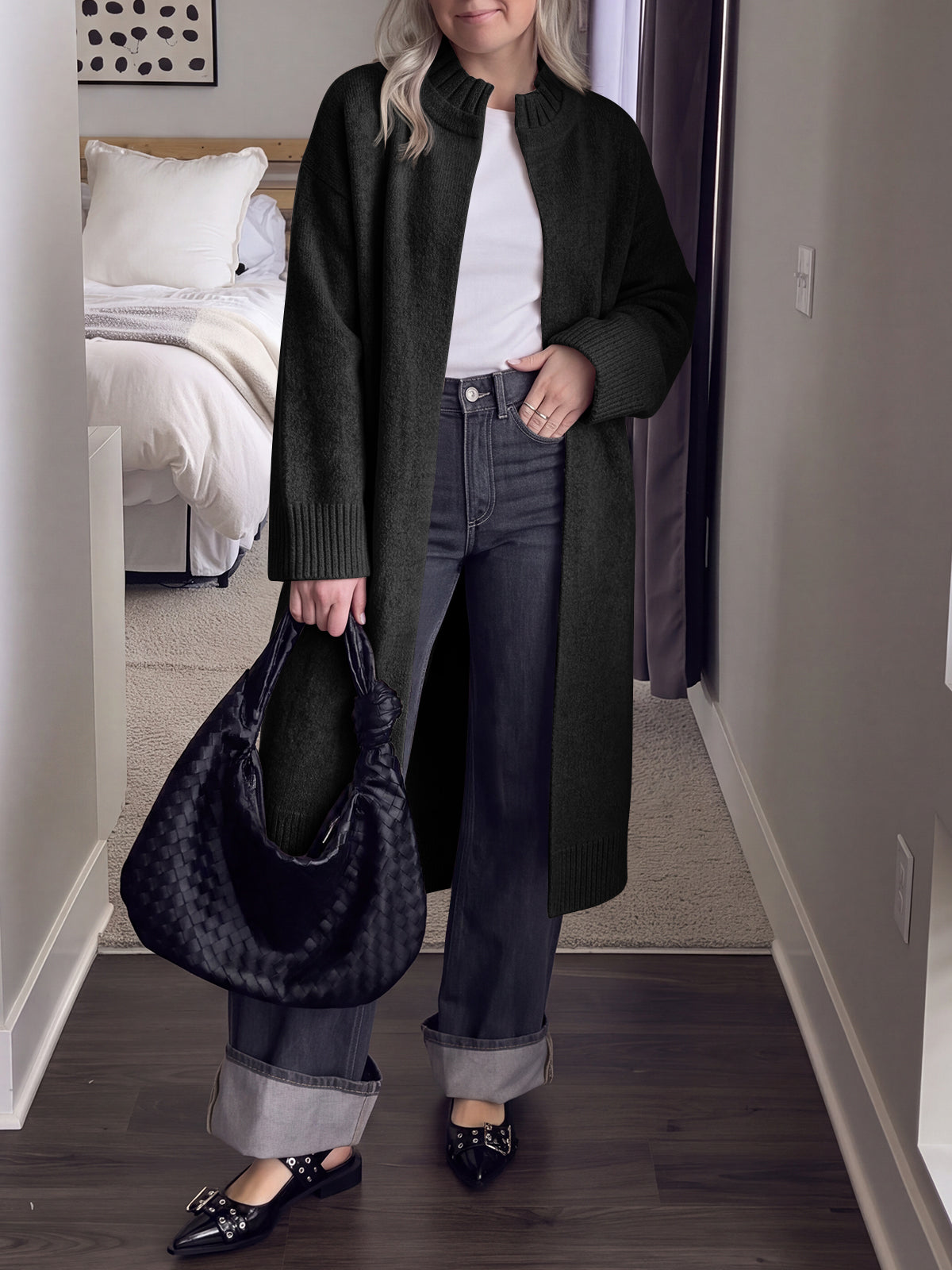 usvara Womens Ruffle Mock Neck Long Cardigan