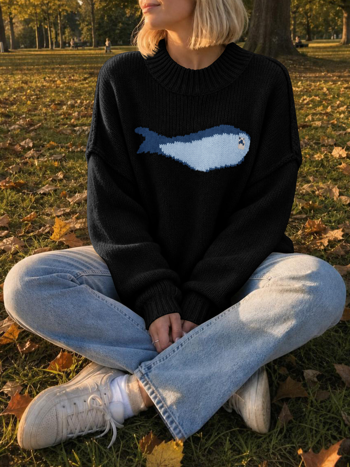 usvara Womens Fish Graphic Oversized Sweater