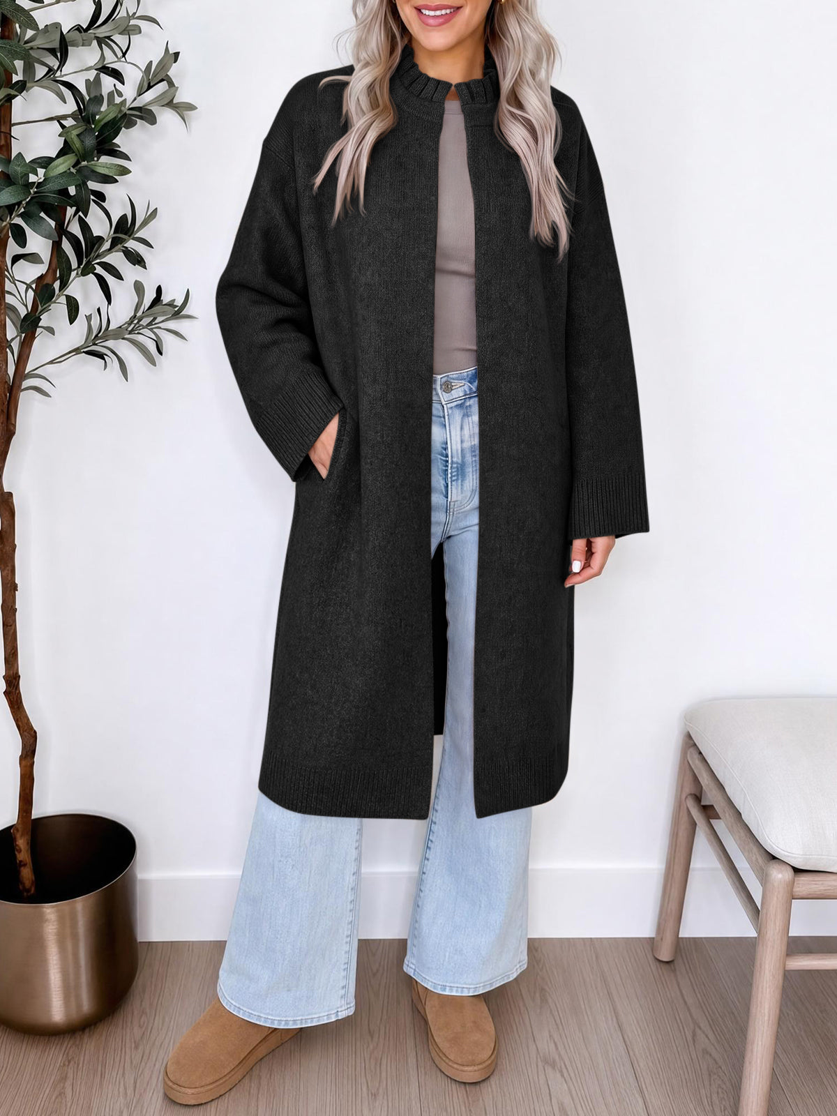 usvara Womens Ruffle Mock Neck Long Cardigan
