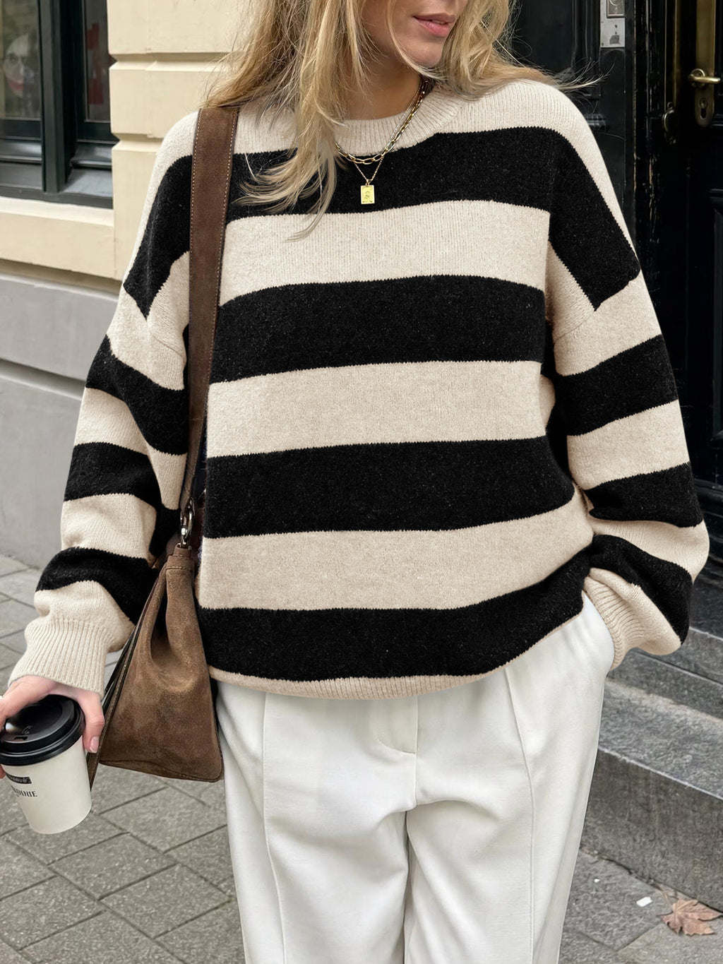 usvara Womens Oversized Striped Knit Block Sweaters