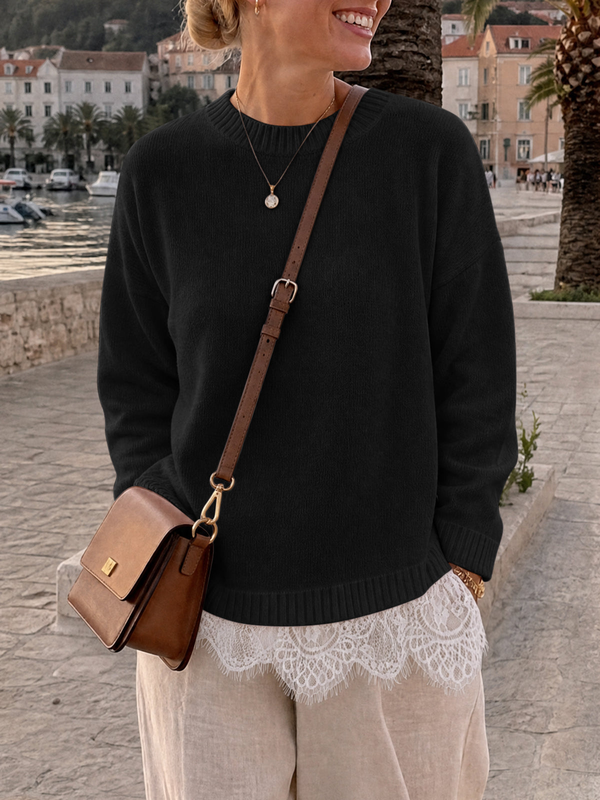 usvara Womens Lace Patchwork Knit Sweater