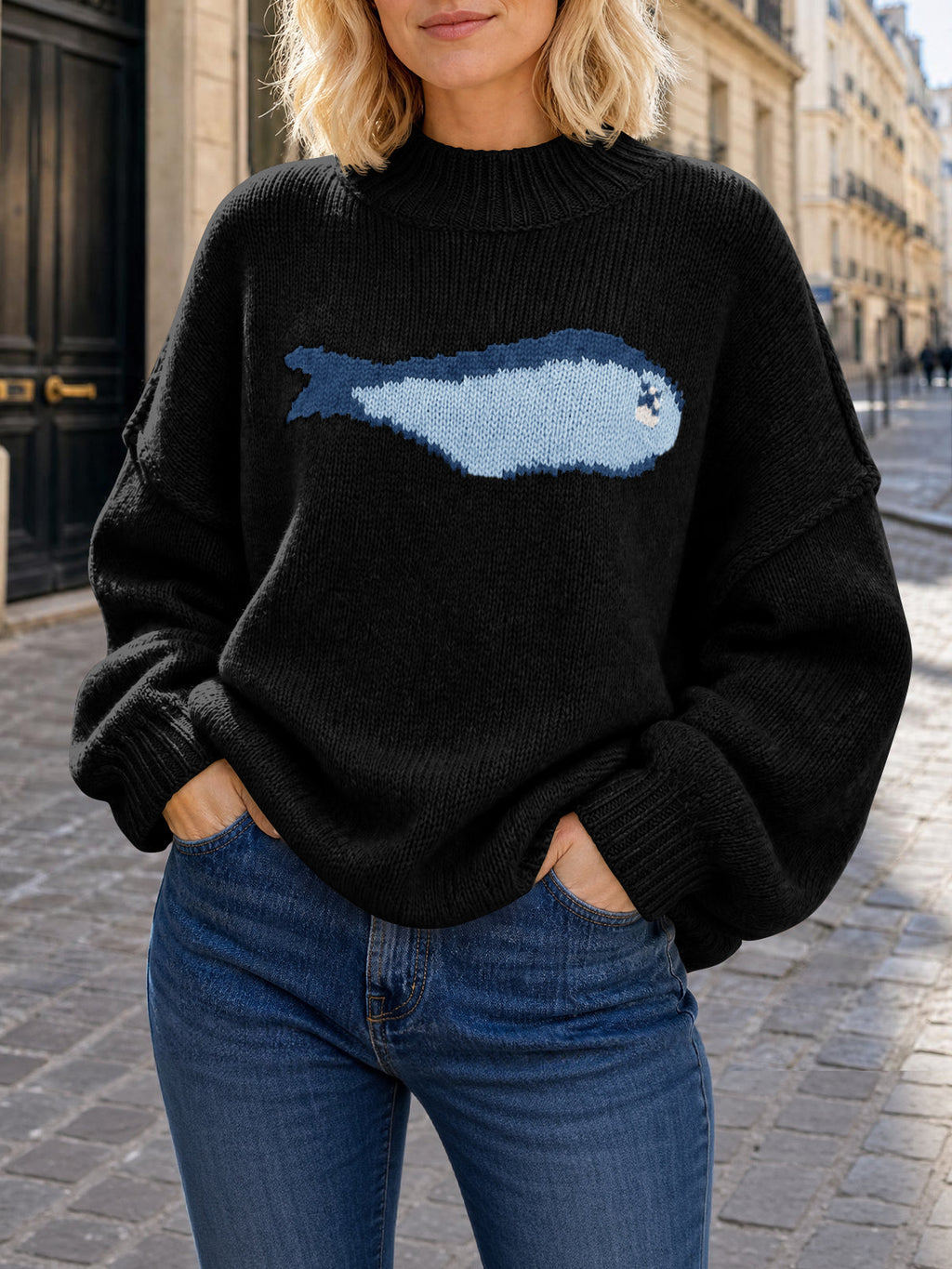 usvara Womens Fish Graphic Oversized Sweater