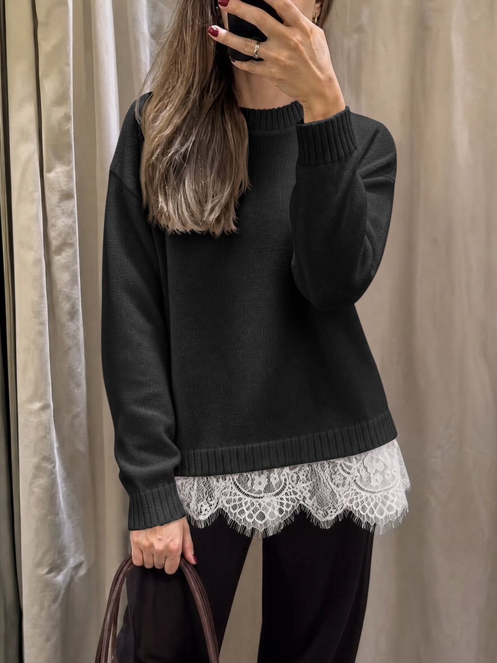 usvara Womens Lace Patchwork Knit Sweater