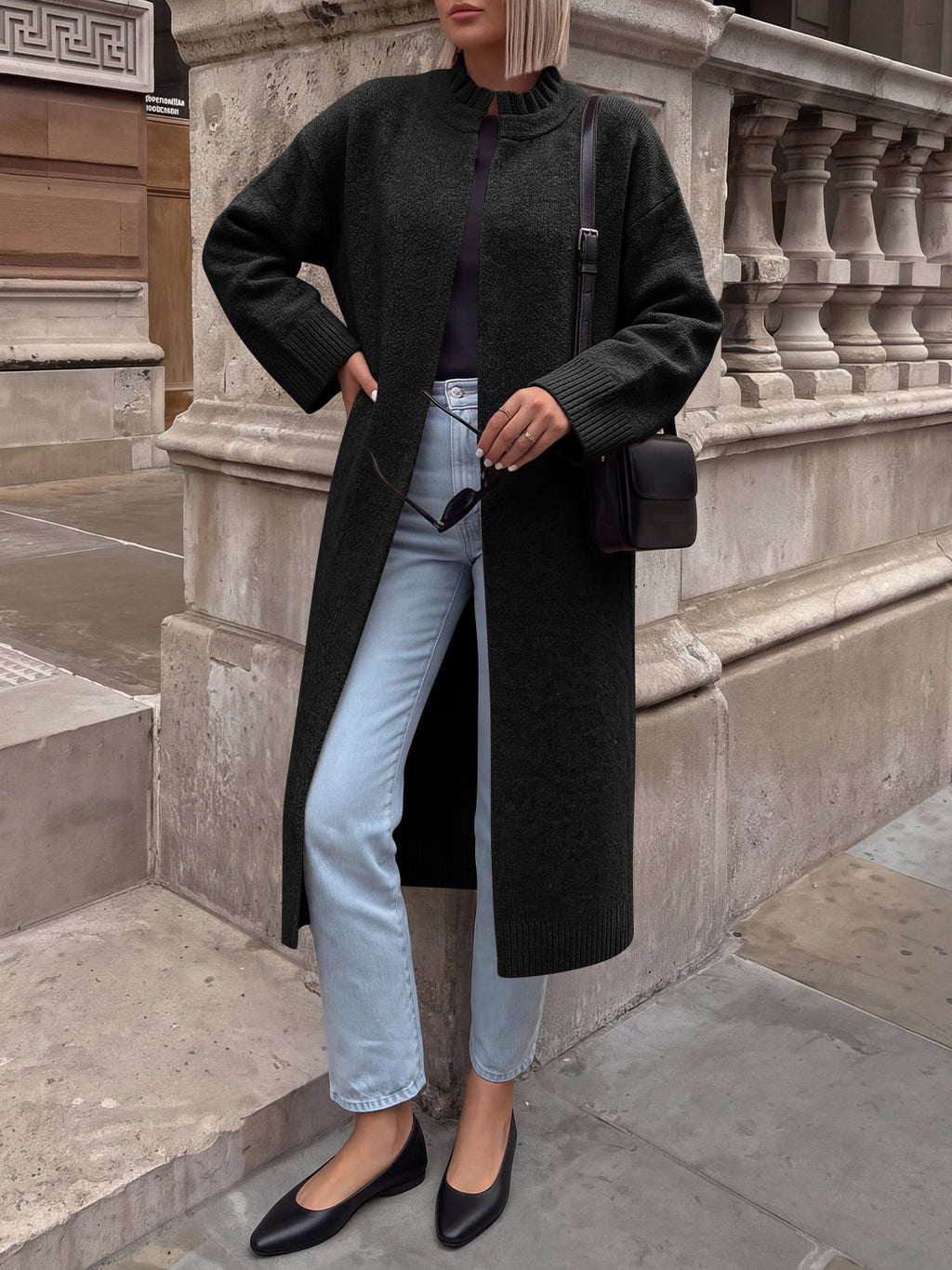 usvara Womens Ruffle Mock Neck Long Cardigan