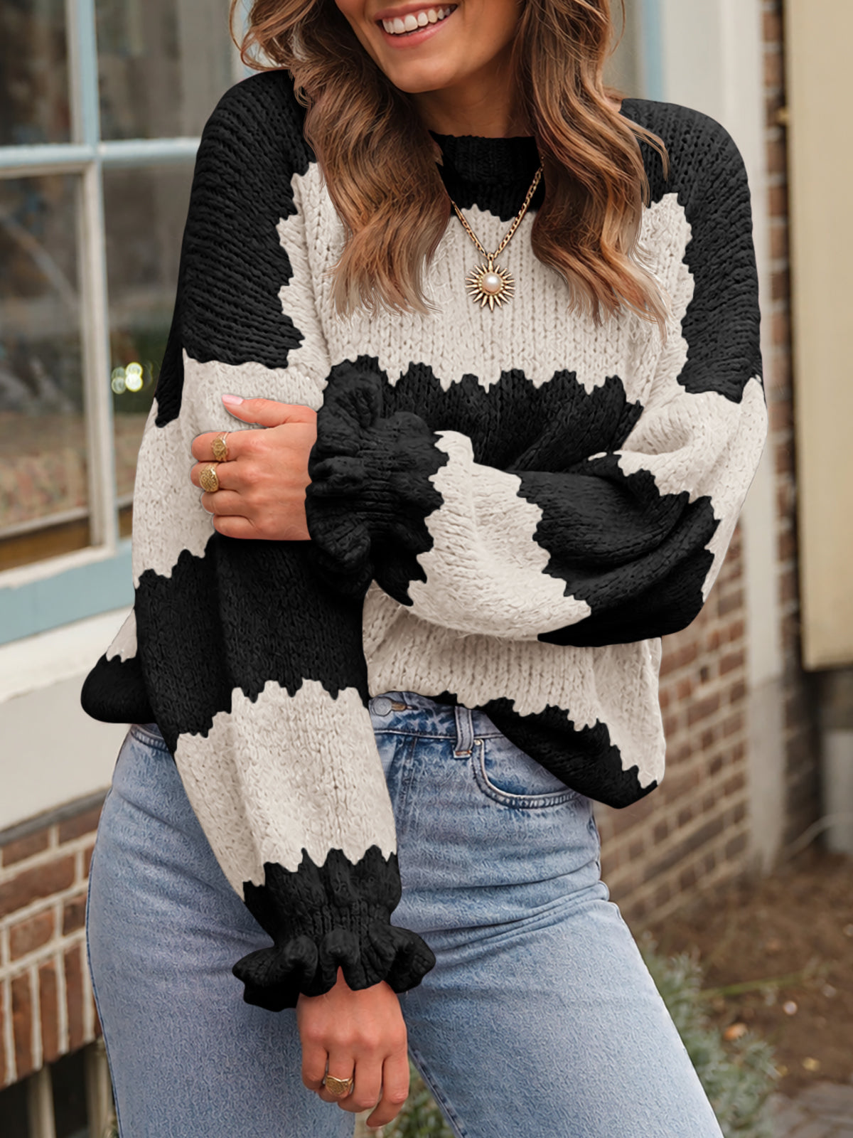 usvara Womens Striped Color Block Ruffle Sweaters