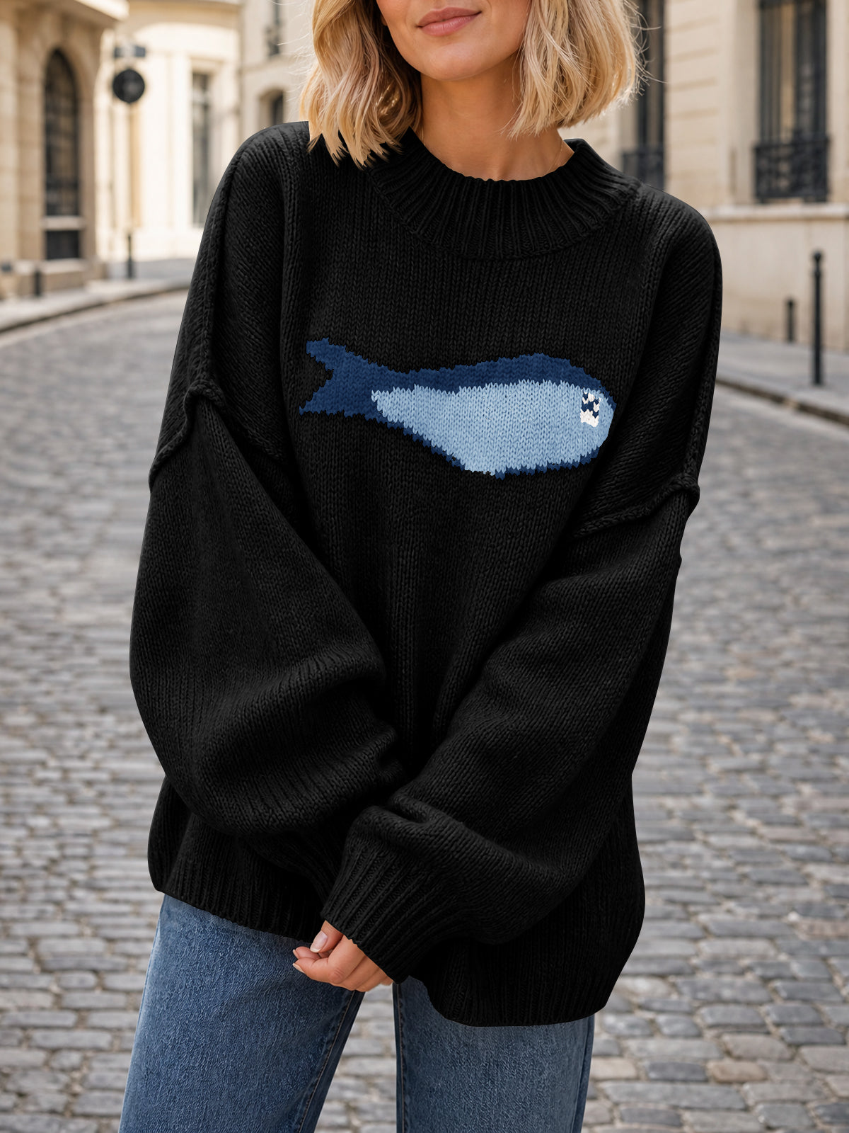 usvara Womens Fish Graphic Oversized Sweater