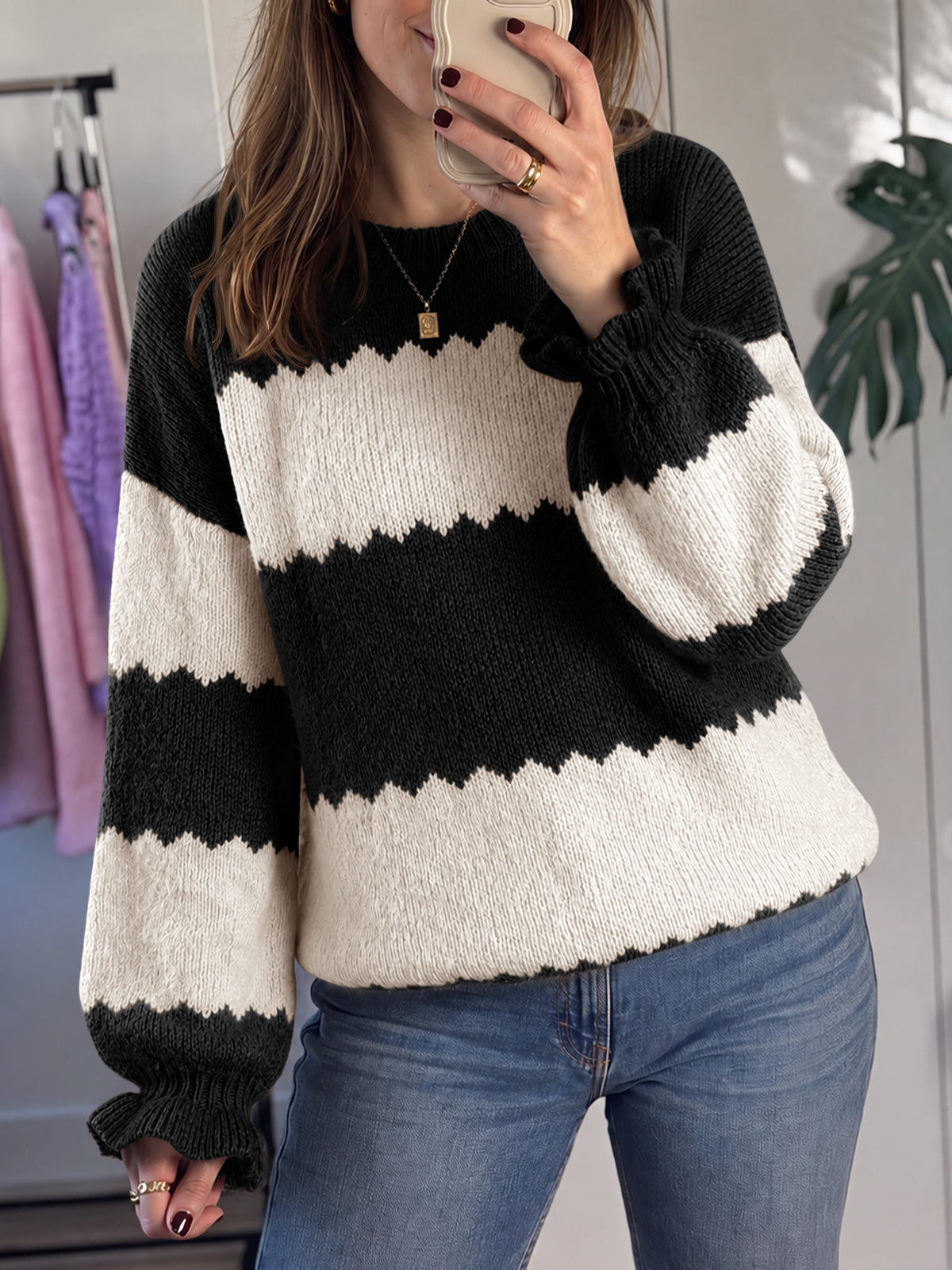 usvara Womens Striped Color Block Ruffle Sweaters
