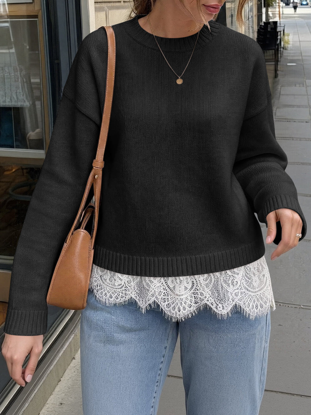 usvara Womens Lace Patchwork Knit Sweater