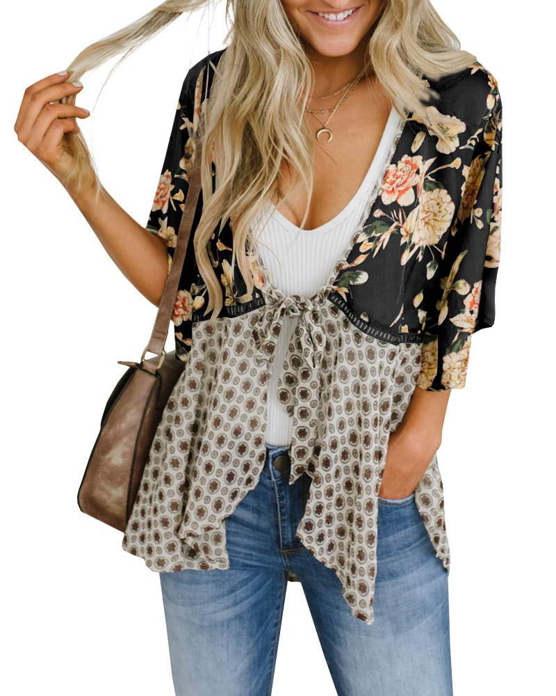 usvara Womens Tie Front Floral Kimono Cardigans