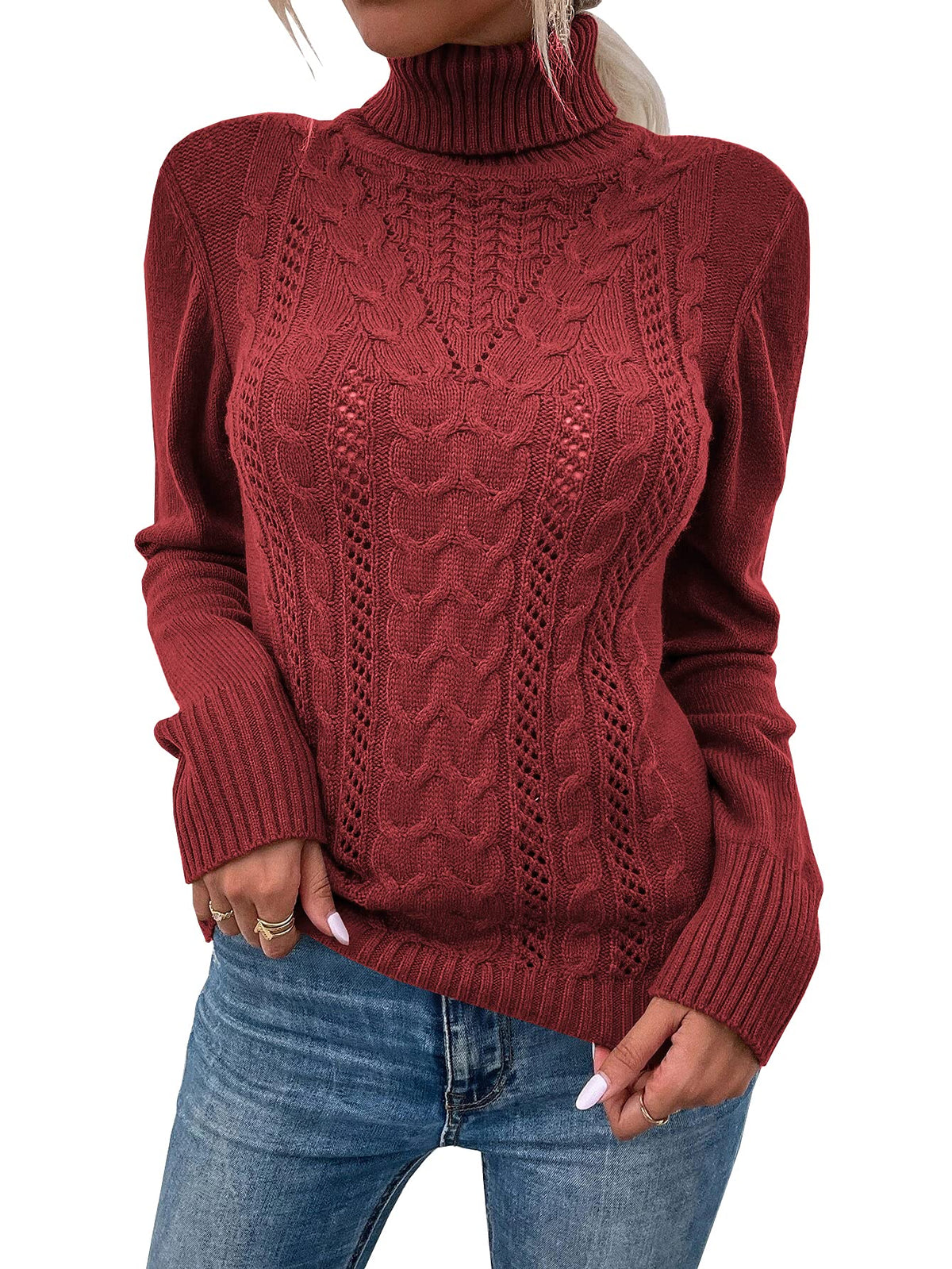 usvara Women Turtleneck Cable Knit Sweater