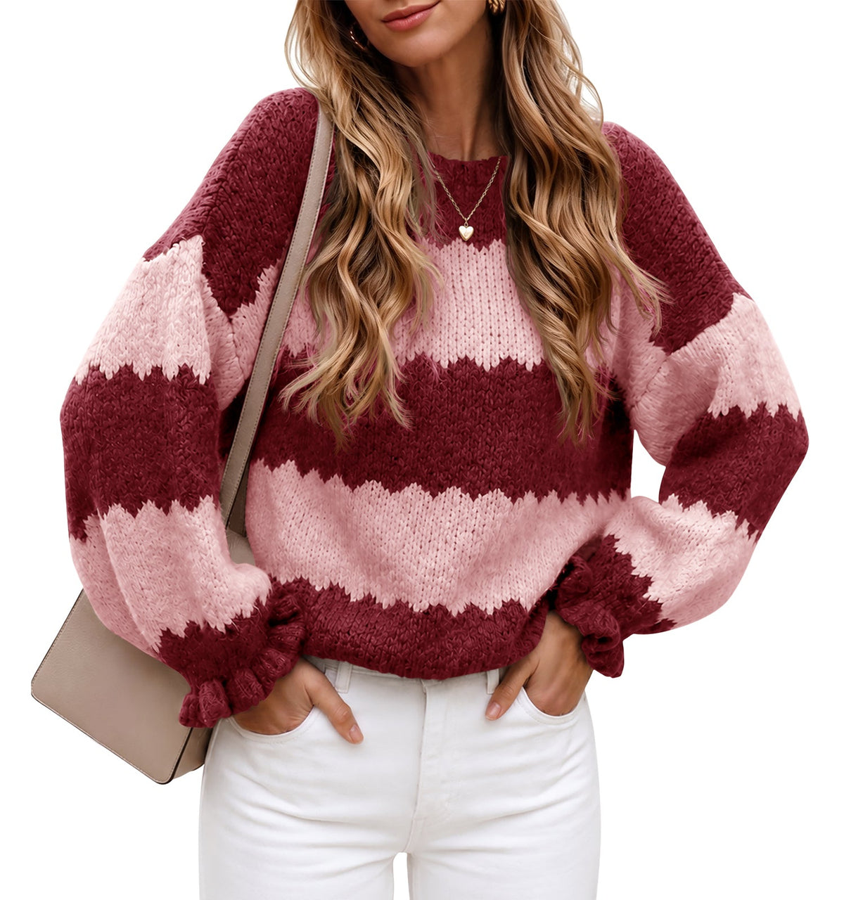 usvara Womens Striped Color Block Ruffle Sweaters