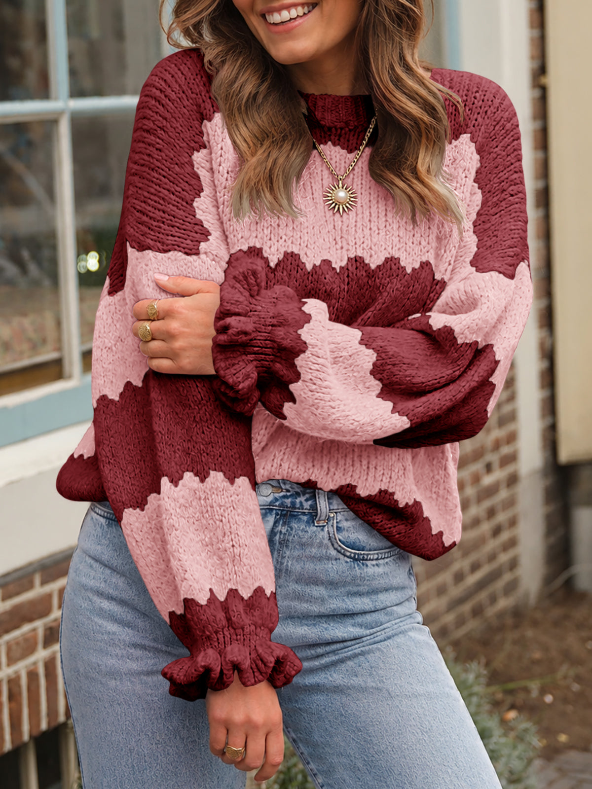 usvara Womens Striped Color Block Ruffle Sweaters