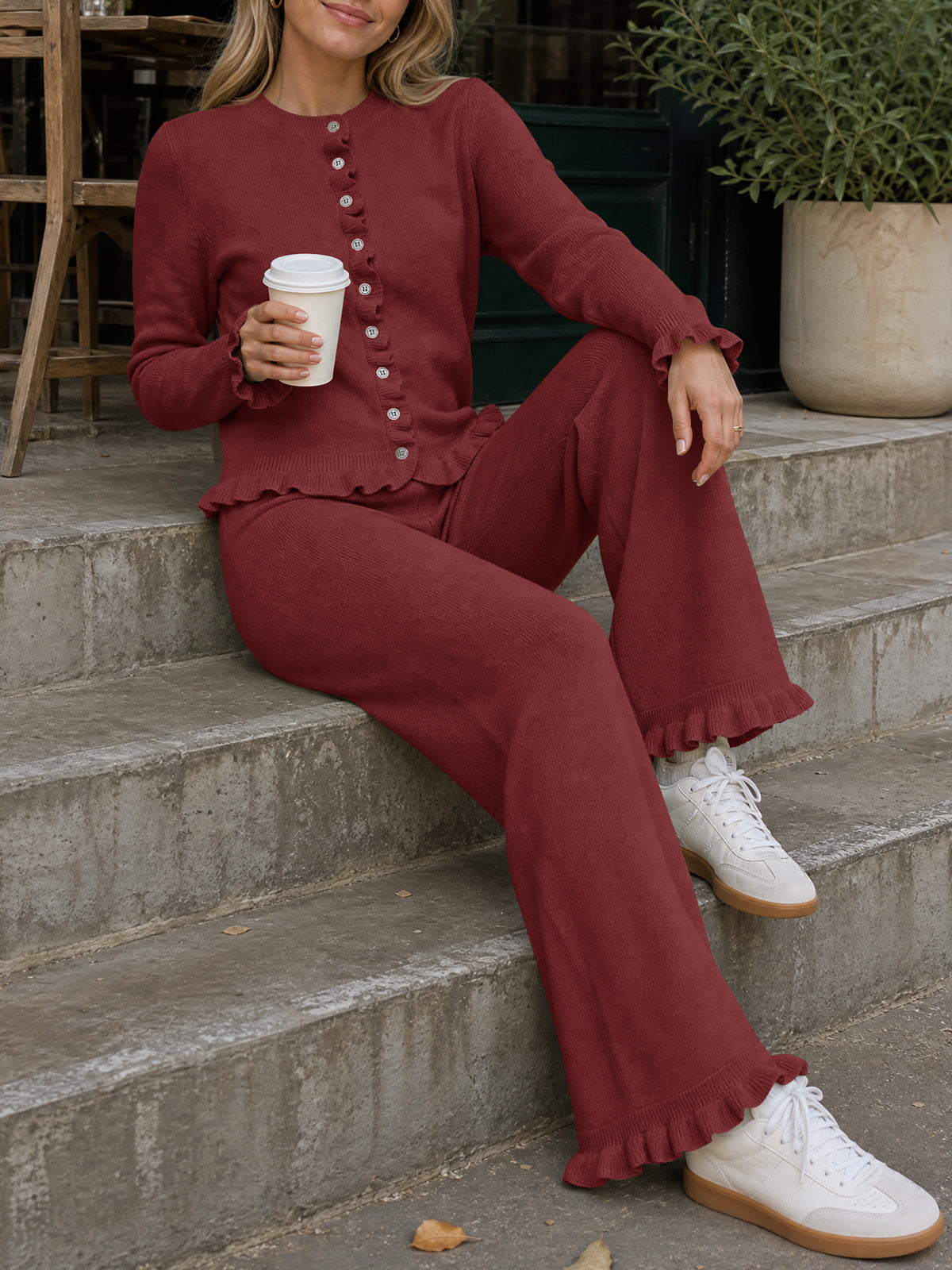 usvara Women Ruffle Knit Lounge Set