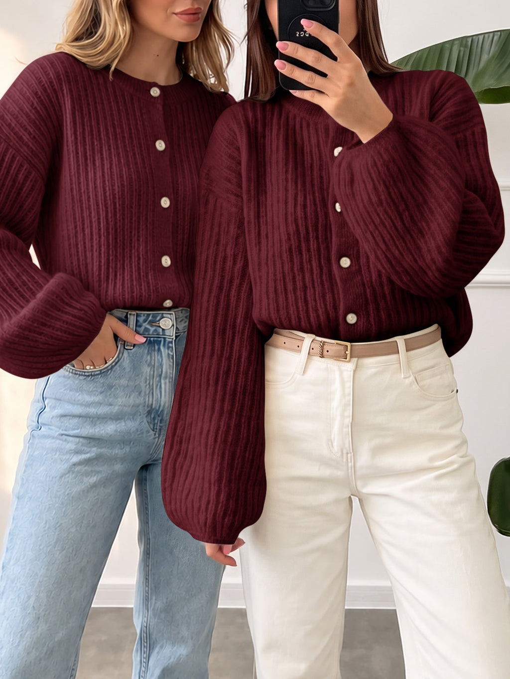 usvara Womens Lantern Sleeve Button Down Cardigan
