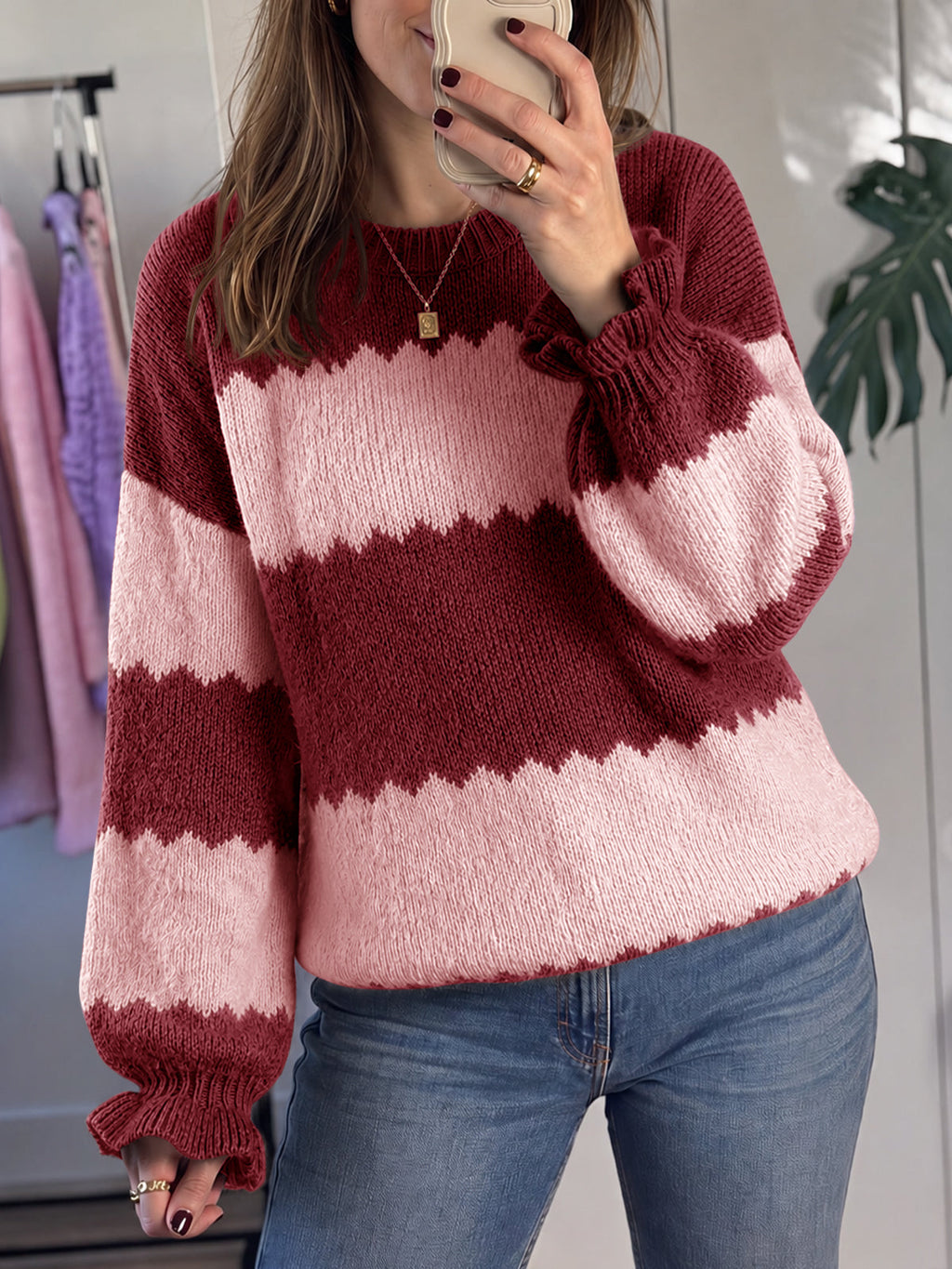 usvara Womens Striped Color Block Ruffle Sweaters