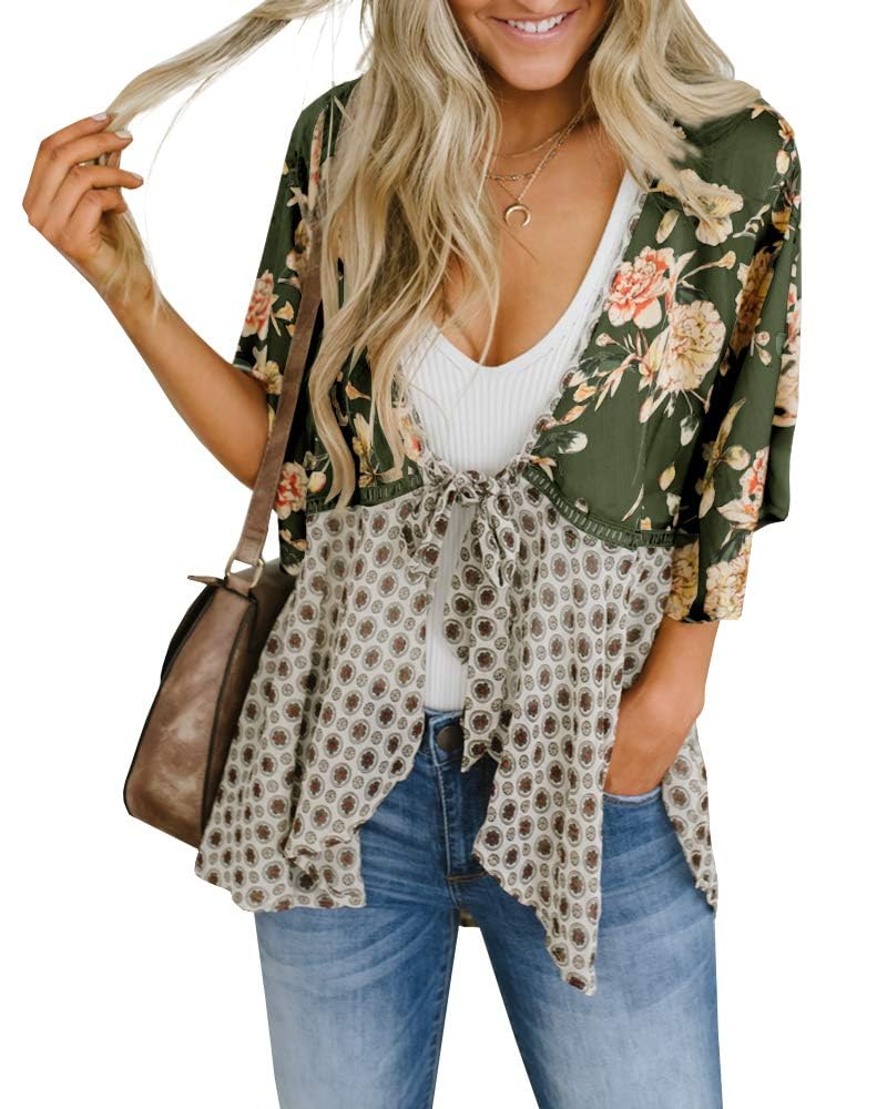 usvara Womens Tie Front Floral Kimono Cardigans