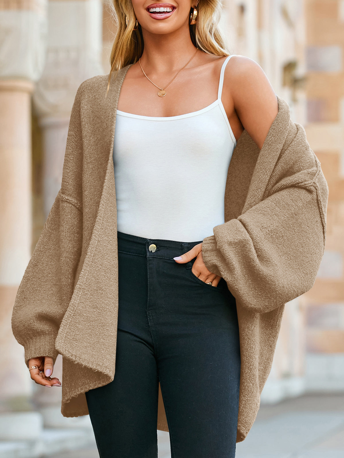 Usvara Womens Oversized Lantern Sleeve Chunky Knit Open-Front Cardigan Sweater