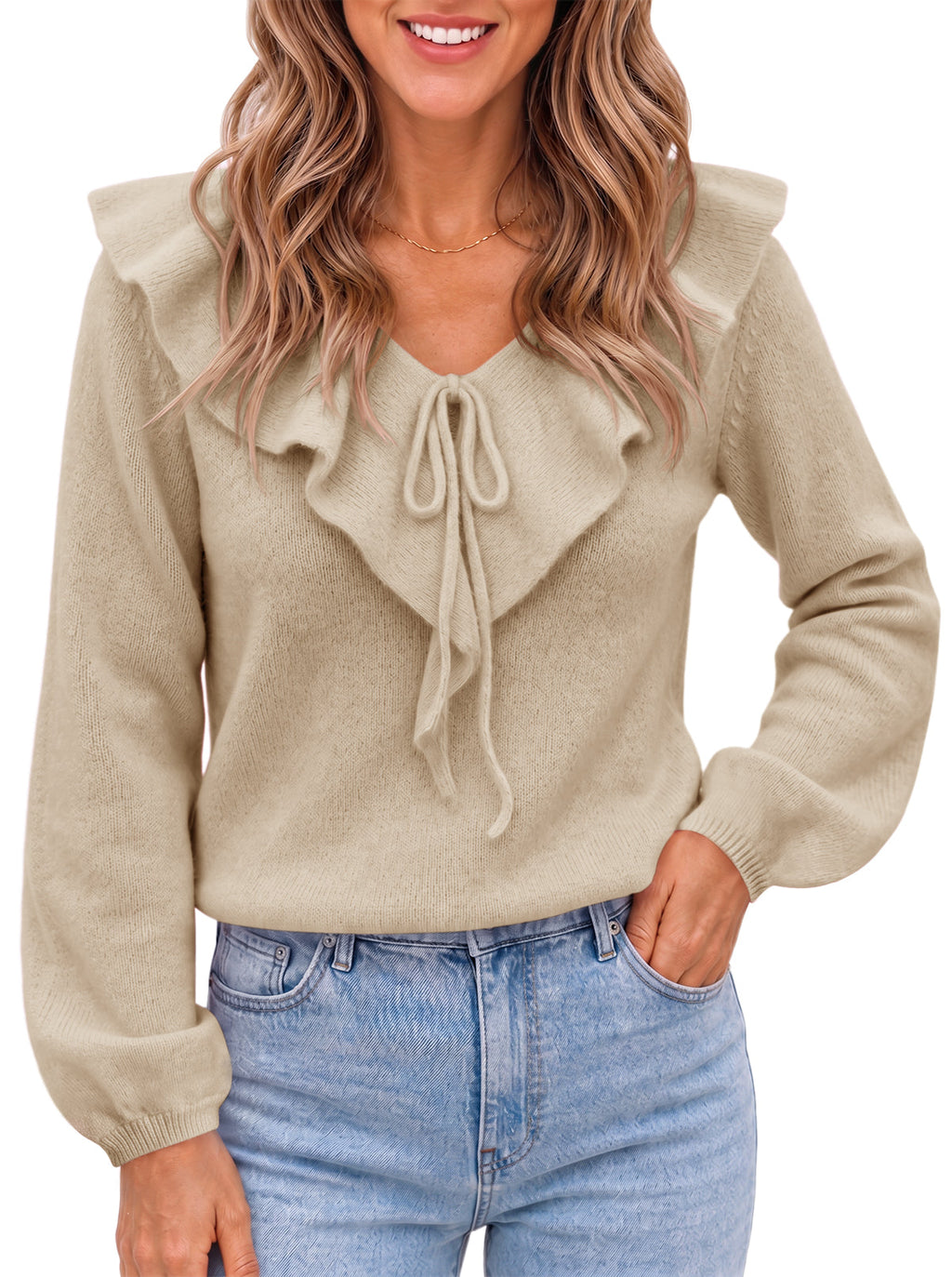 usvara Womens Ruffle V Neck Sweaters
