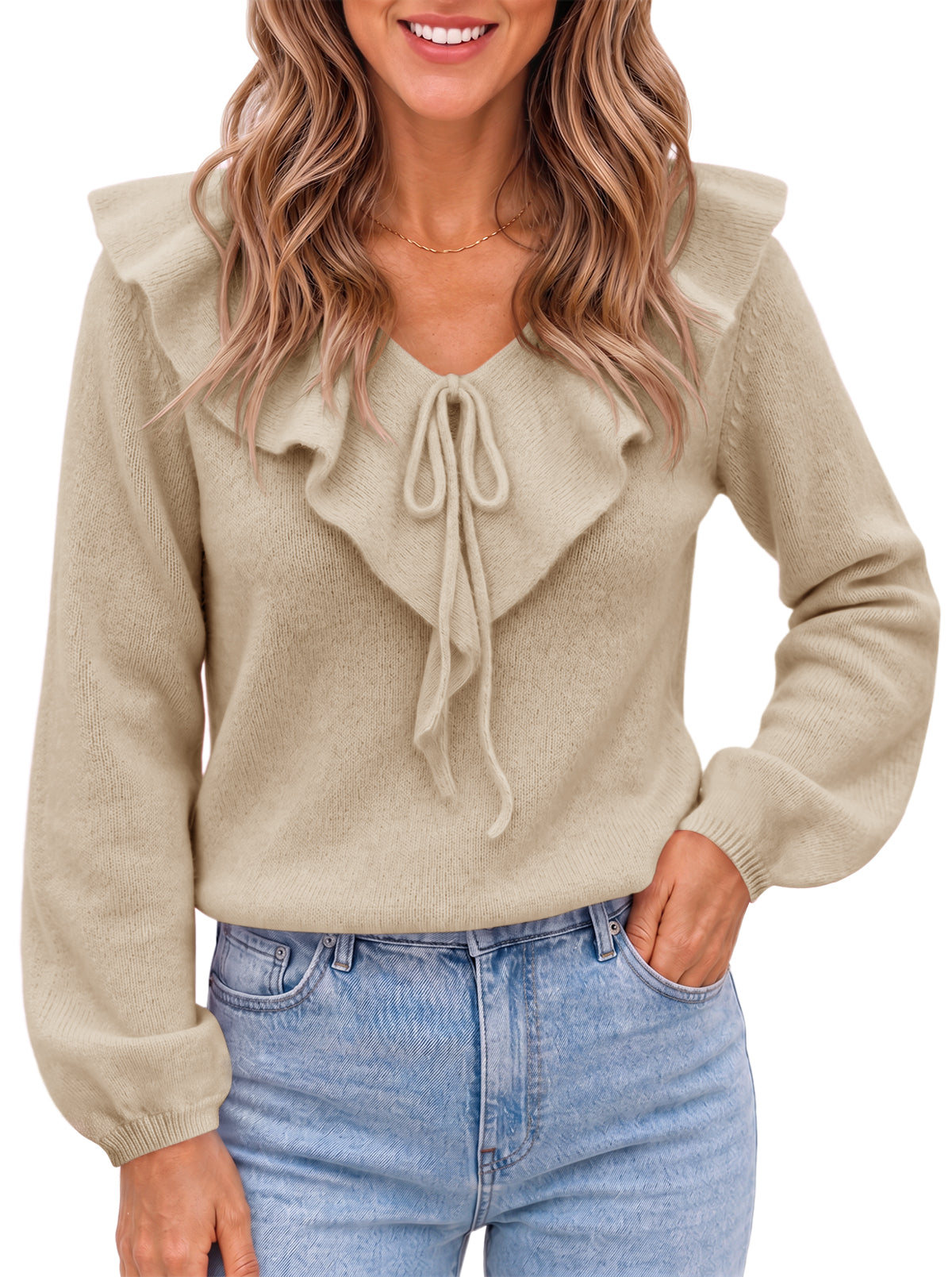 usvara Womens Ruffle V Neck Sweaters