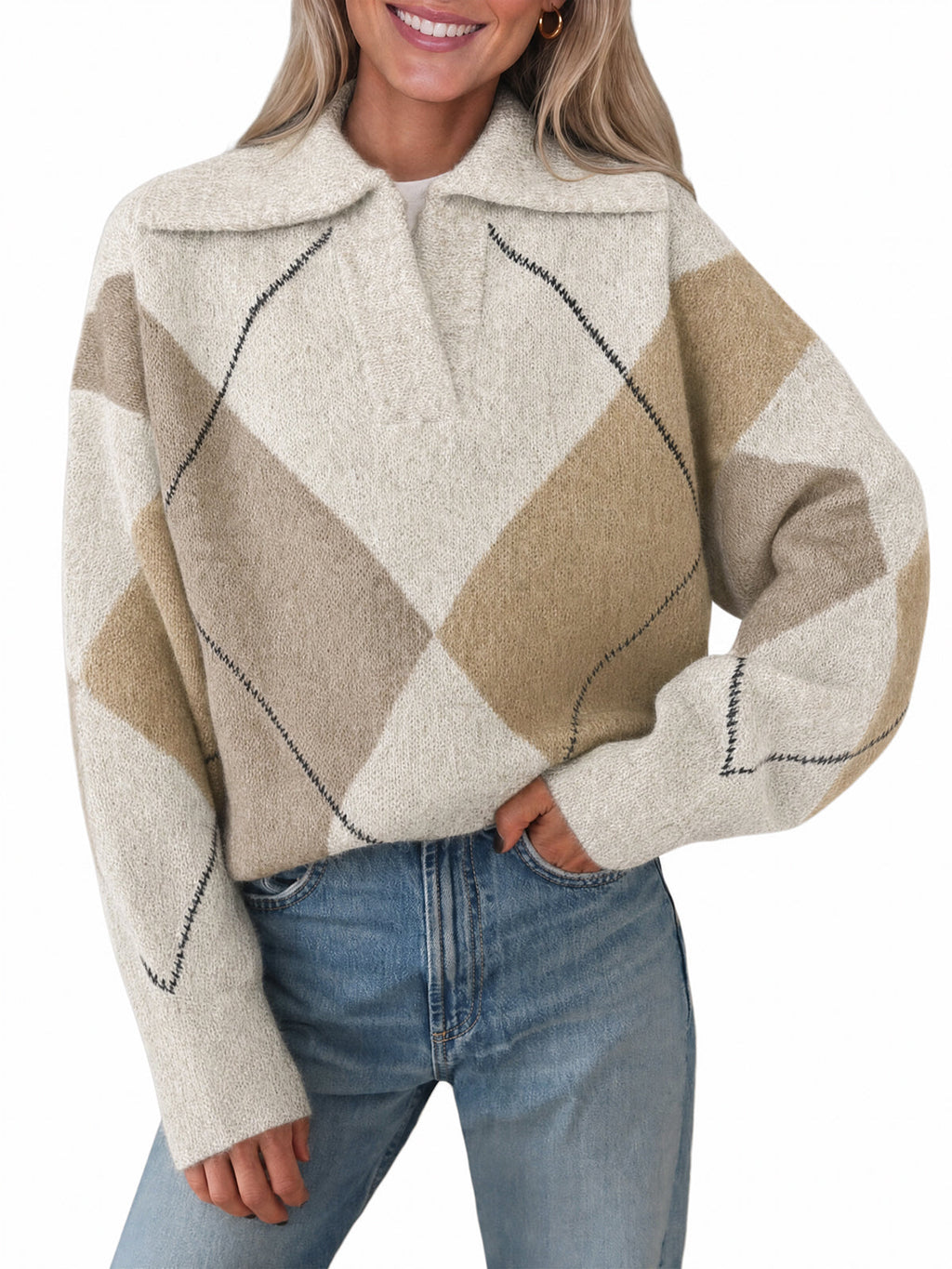 usvara Womens Collared V Neck Argyle Sweater