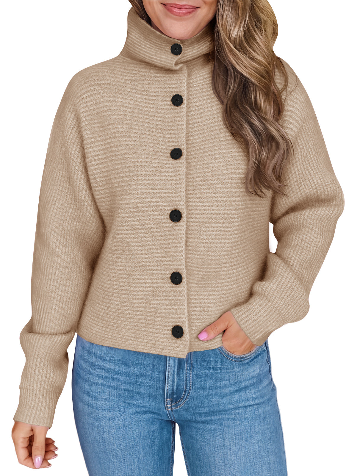 usvara Womens Mock Neck Button Cardigan