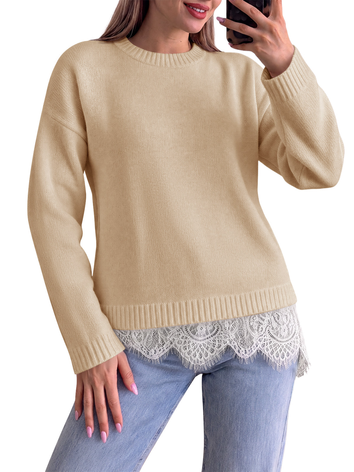 usvara Womens Lace Patchwork Knit Sweater