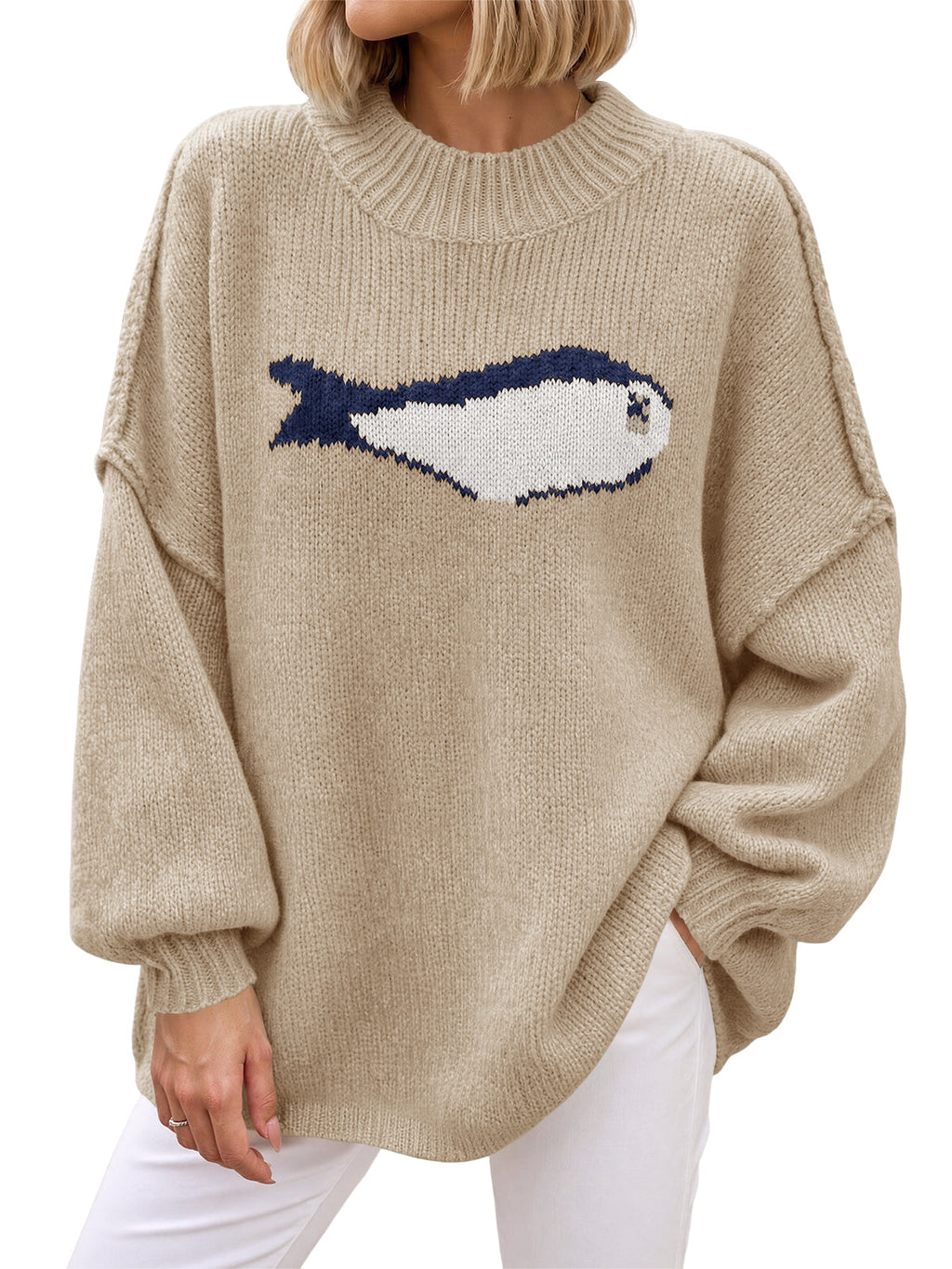 usvara Womens Fish Graphic Oversized Sweater