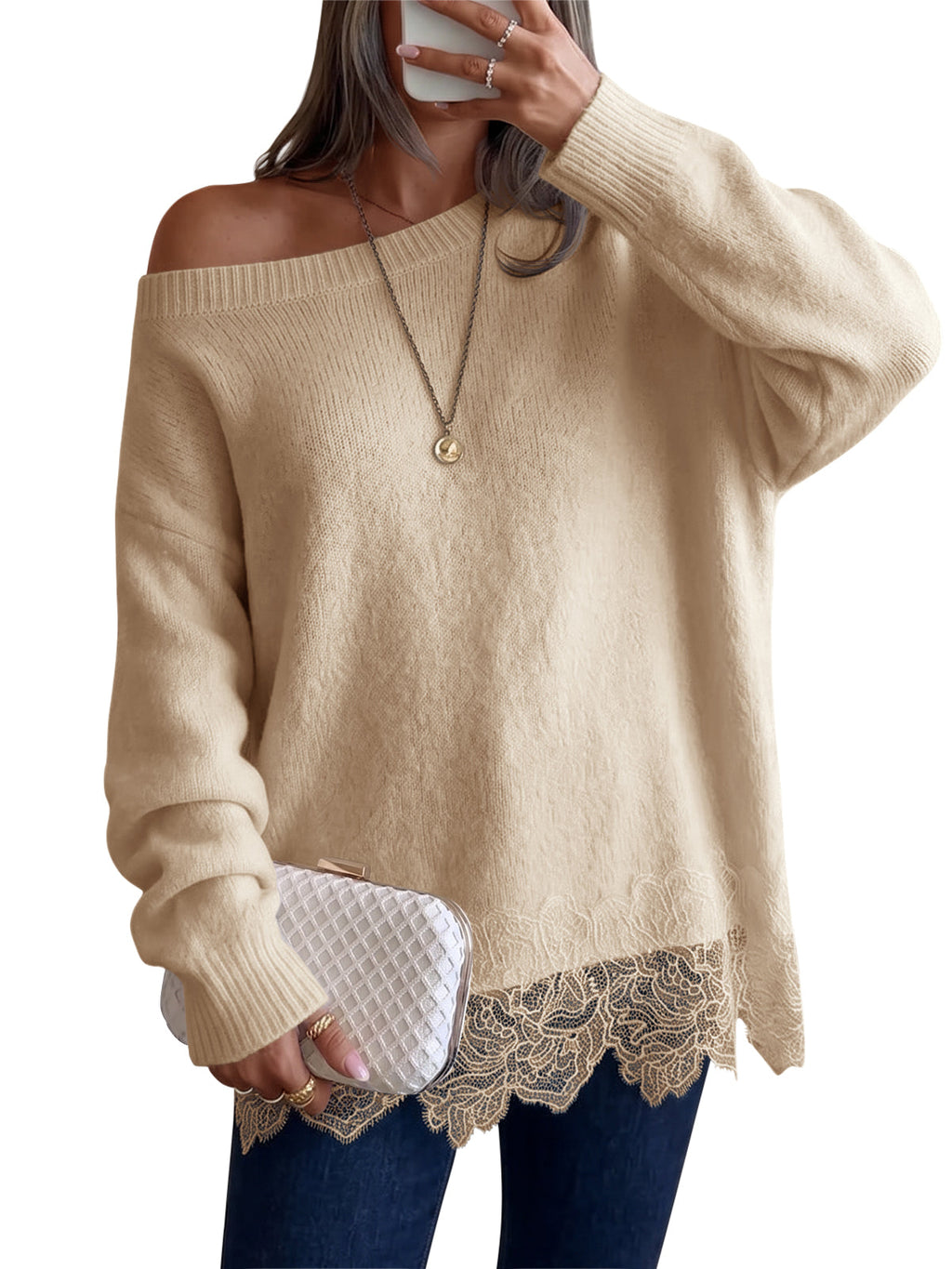 usvara Women Lace Patchwork Sweater