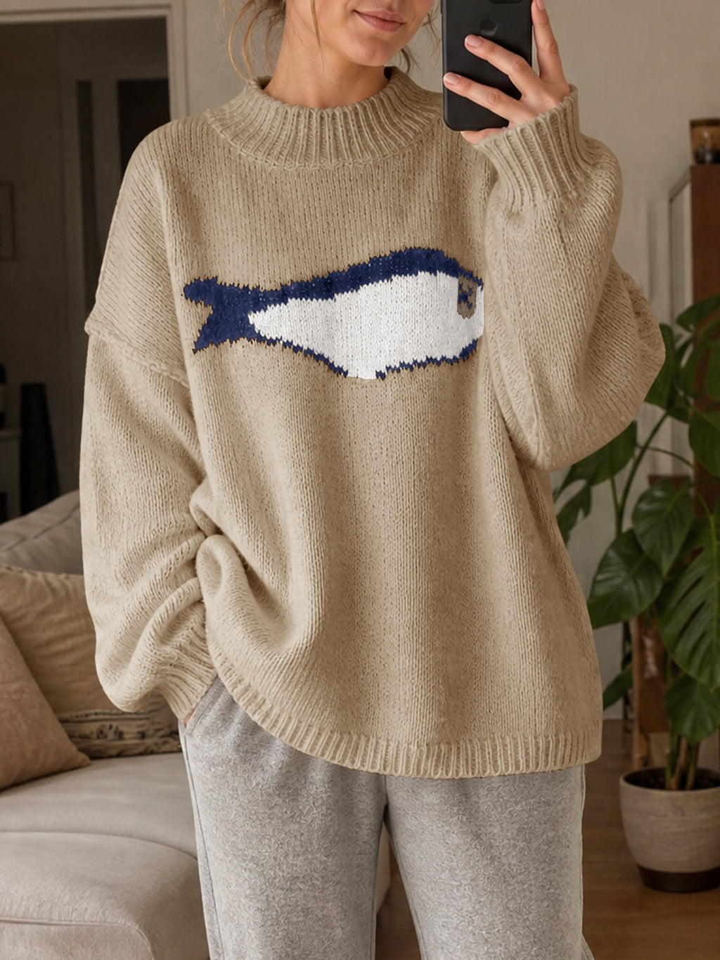 usvara Womens Fish Graphic Oversized Sweater