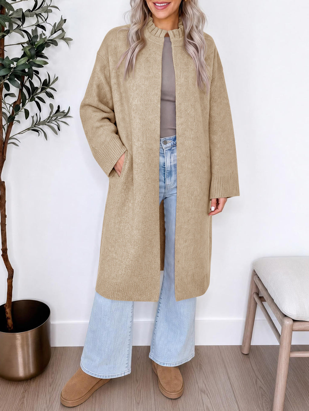usvara Womens Ruffle Mock Neck Long Cardigan
