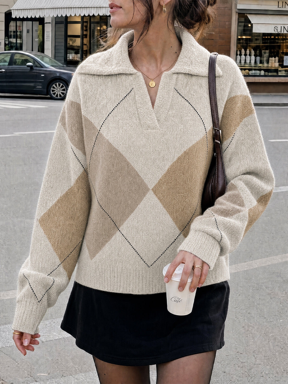 usvara Womens Collared V Neck Argyle Sweater