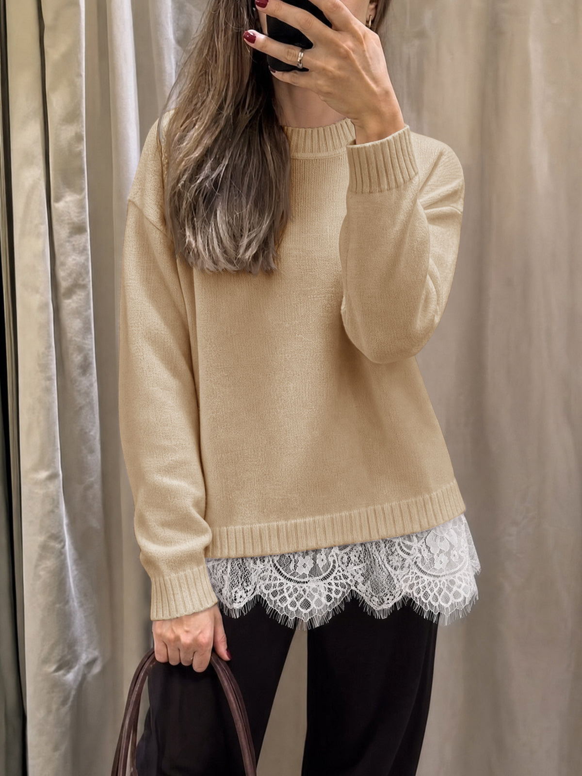 usvara Womens Lace Patchwork Knit Sweater