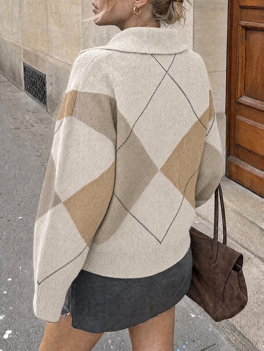 usvara Womens Collared V Neck Argyle Sweater