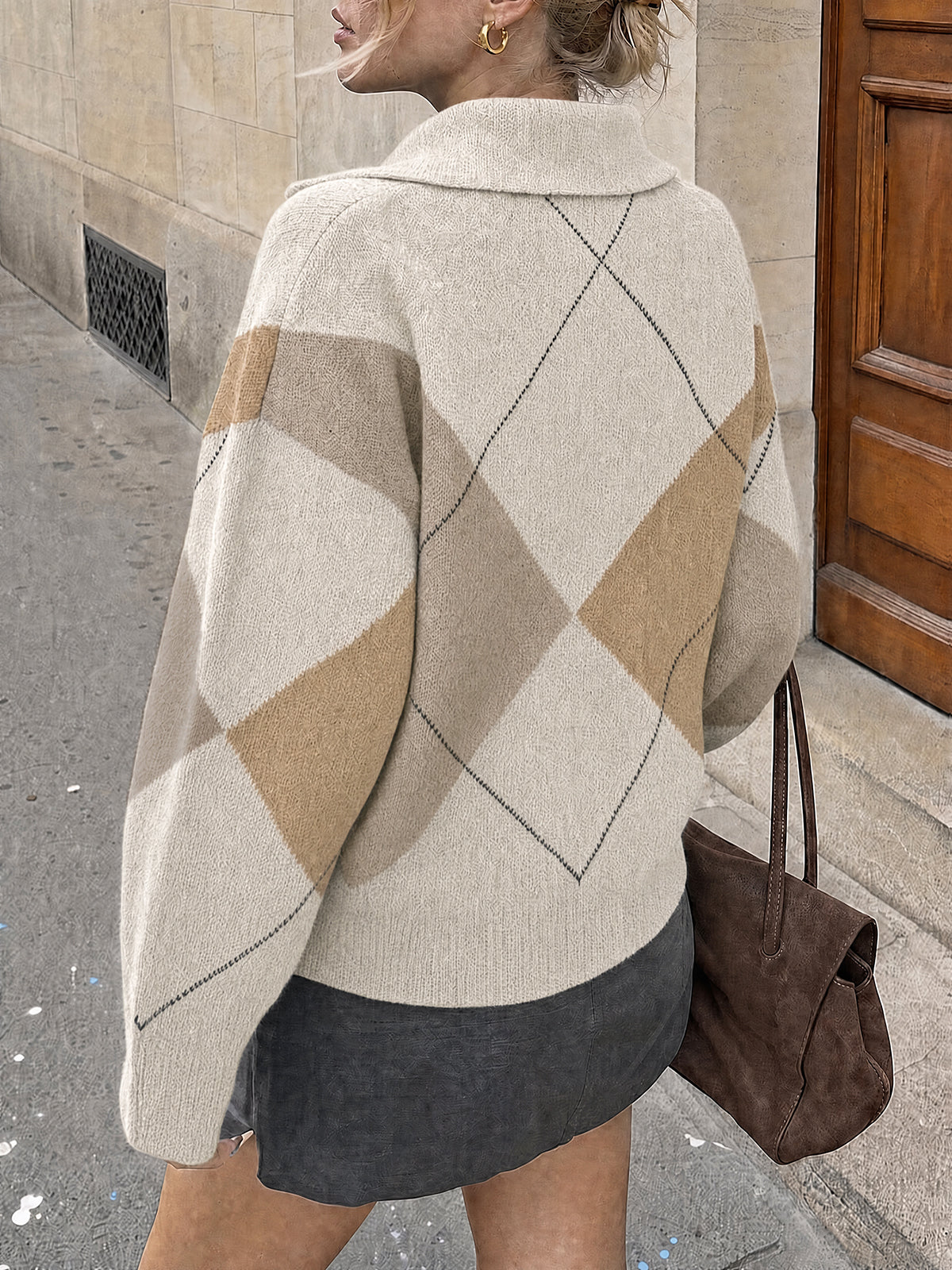 usvara Womens Collared V Neck Argyle Sweater