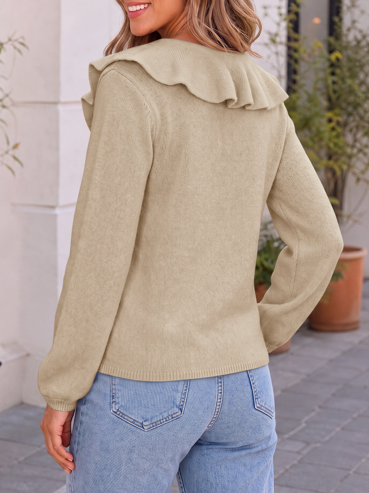 usvara Womens Ruffle V Neck Sweaters