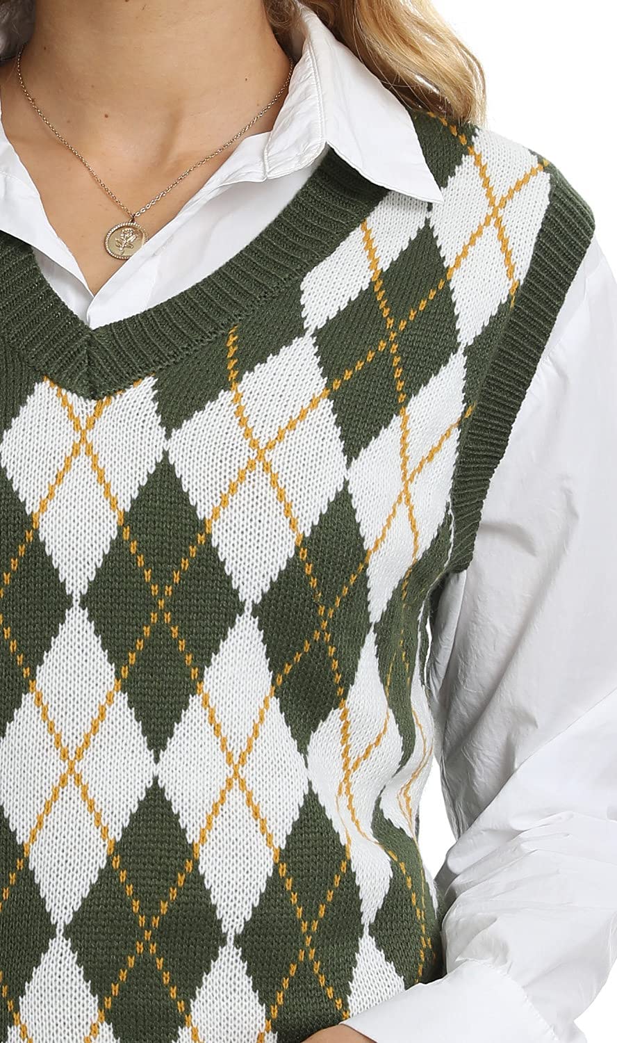 usvara Womens V Neck Argyle Knit Tops