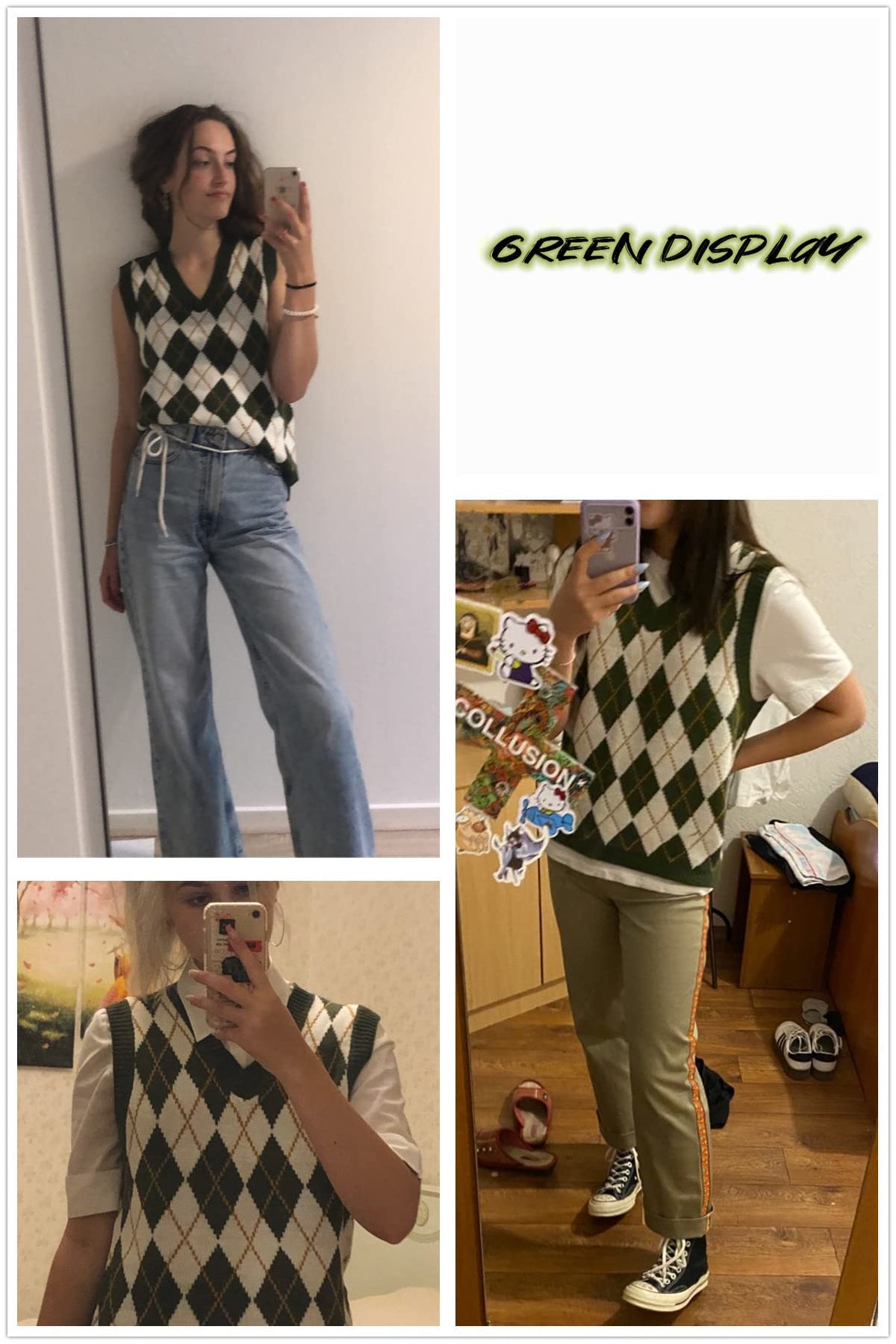usvara Womens V Neck Argyle Knit Tops