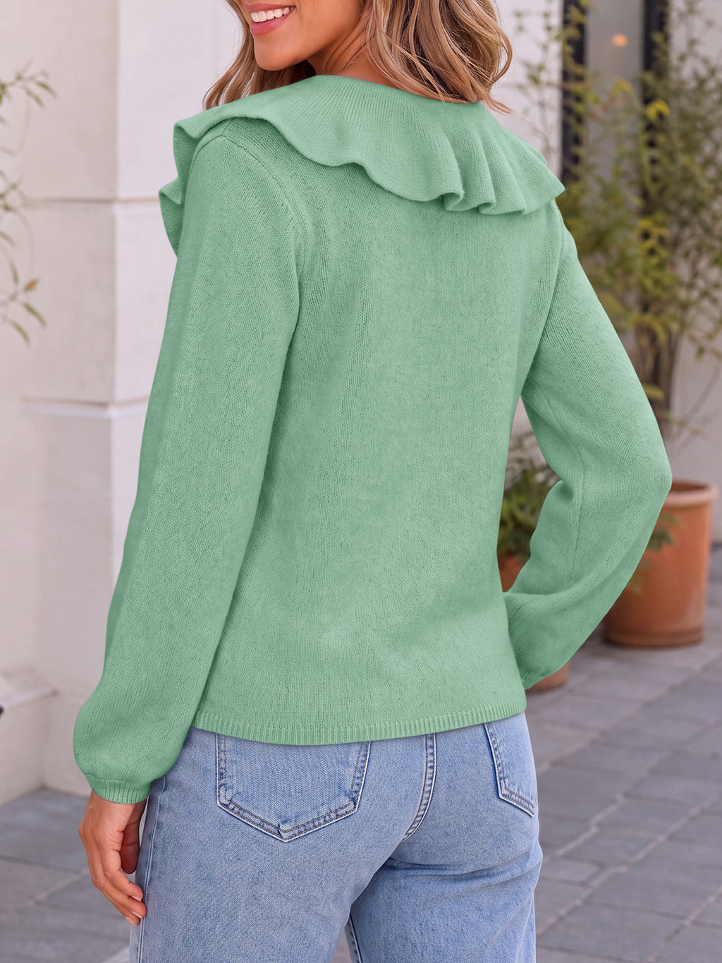 usvara Womens Ruffle V Neck Sweaters