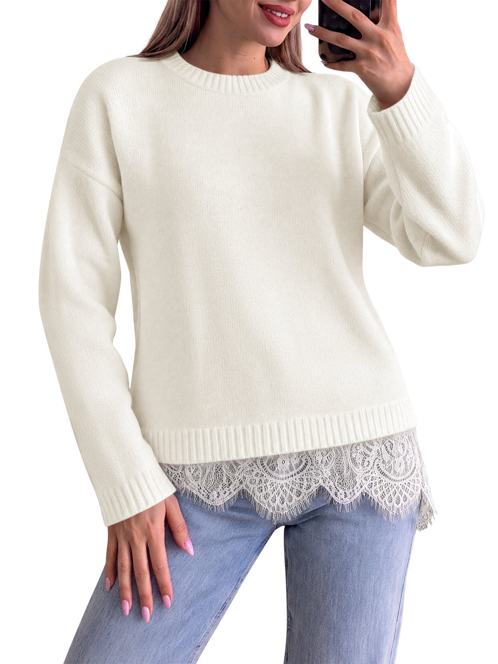 usvara Womens Lace Patchwork Knit Sweater