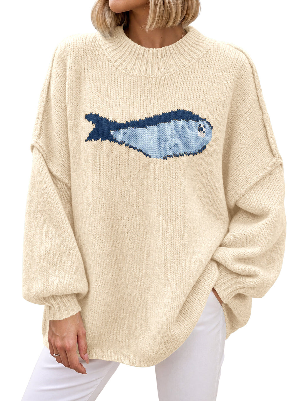 usvara Womens Fish Graphic Oversized Sweater