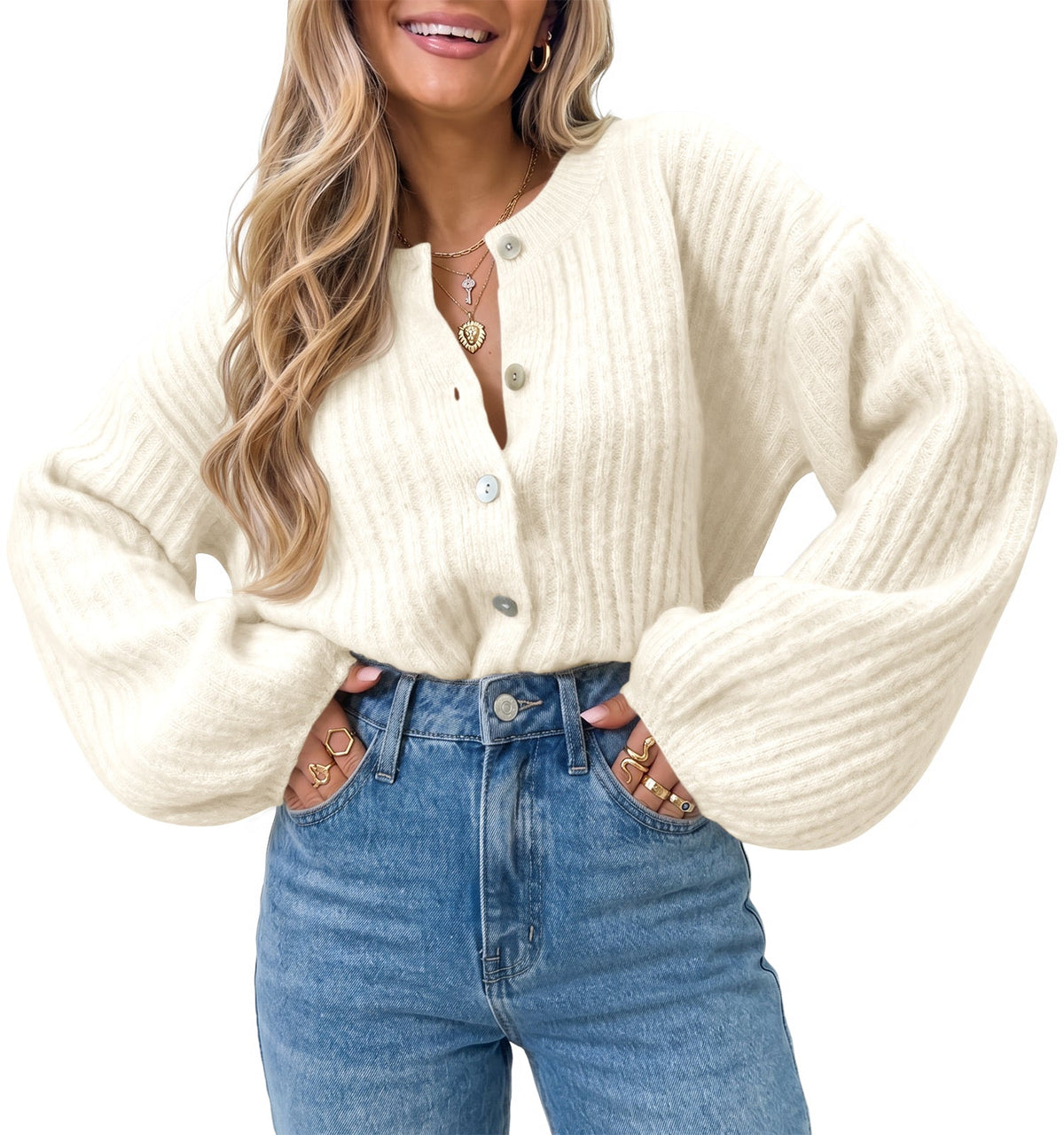 usvara Womens Lantern Sleeve Button Down Cardigan