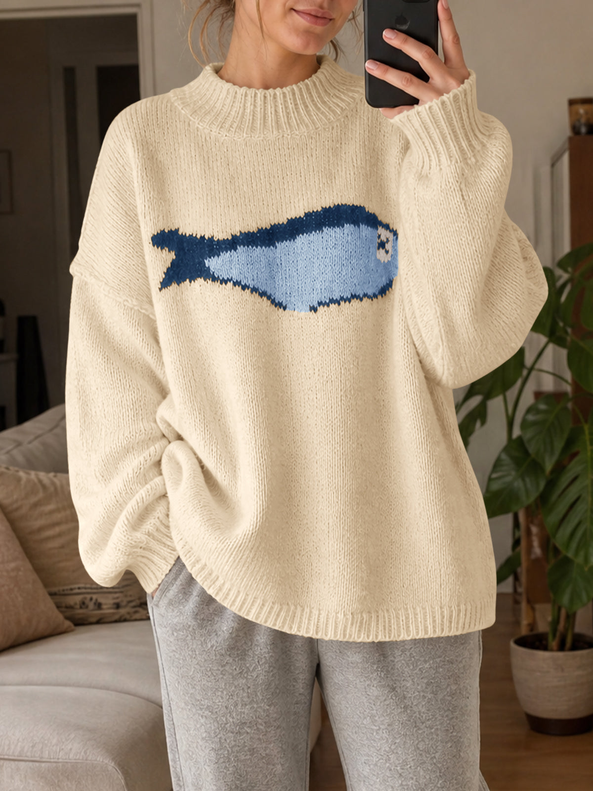 usvara Womens Fish Graphic Oversized Sweater