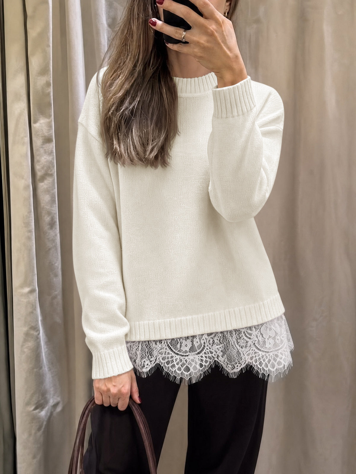 usvara Womens Lace Patchwork Knit Sweater