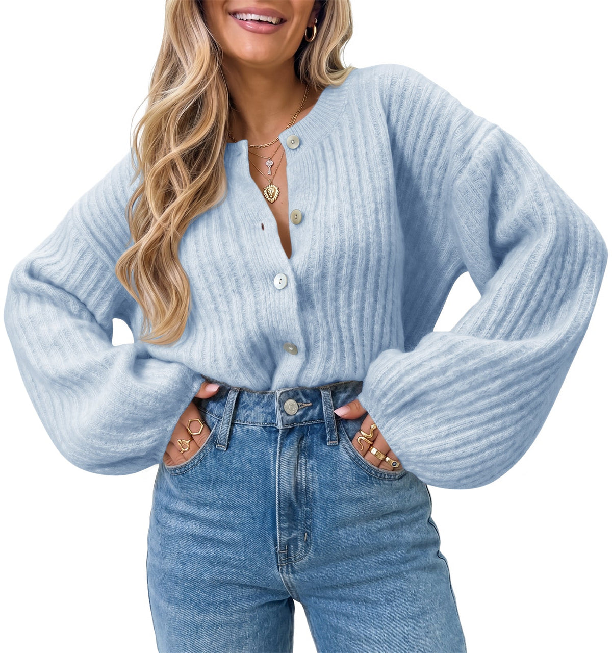 usvara Womens Lantern Sleeve Button Down Cardigan